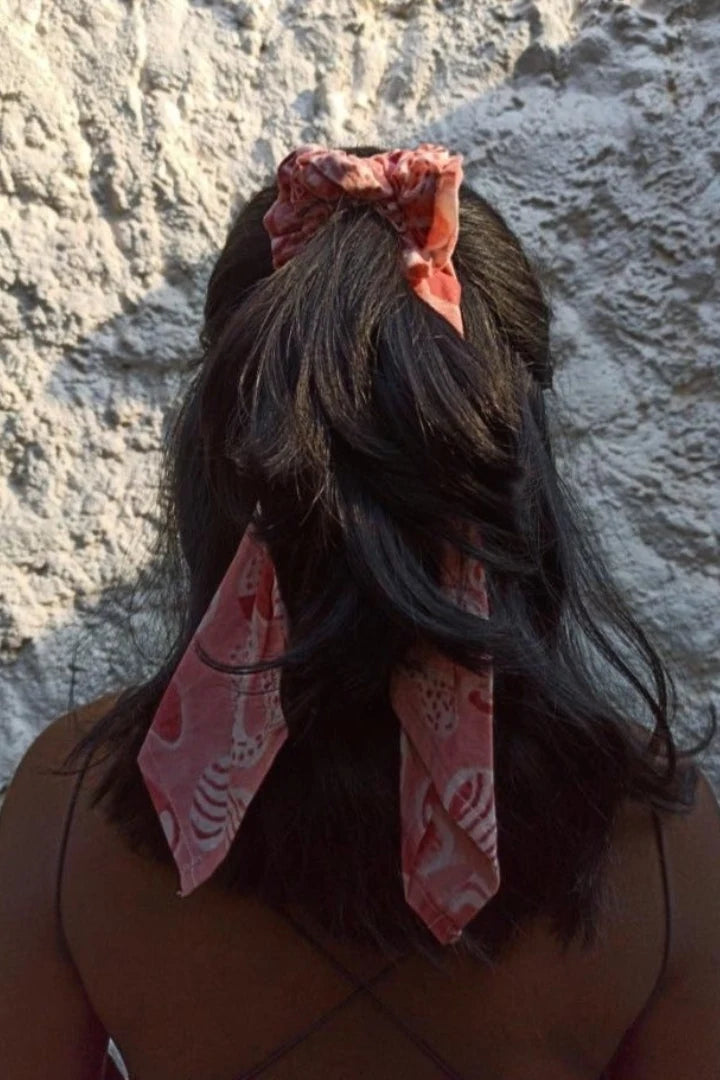 Ilamra sustainable clothing organic cotton Pink and Red hand block printed scrunchie