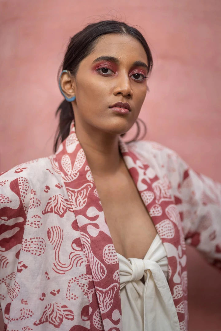 Ilamra hand block printed organic cotton naturally dyed white and red kimono