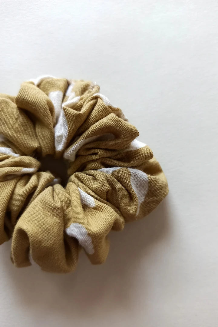 Ilamra hand block printed sustainably made naturally dyed Fresh green, Brown, Mustard Yellow and Madder Red Upcycled Cotton scrunchie bundle