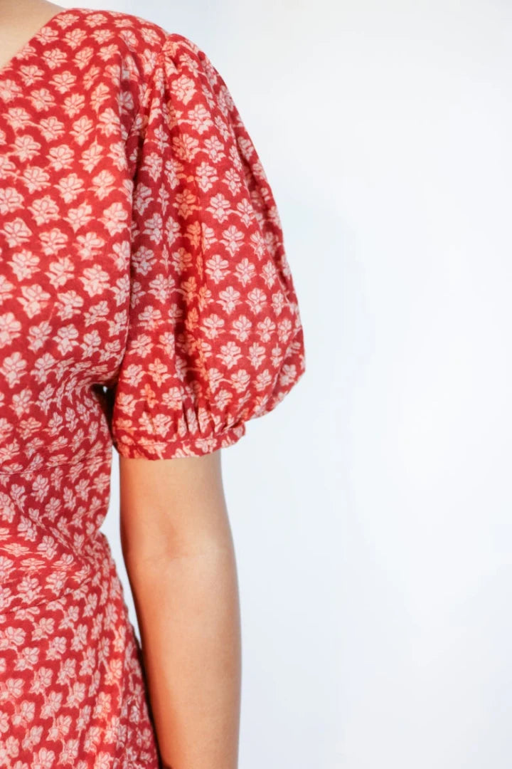 Ilamra sustainable clothing organic cotton madder red and beige hand block printed European, sexy and feminine dress