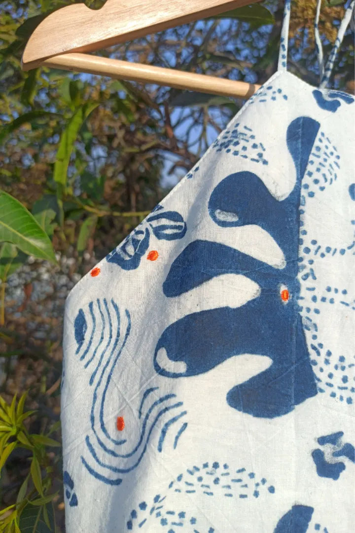 Ilamra sustainable clothing organic cotton indigo and white hand block printed halter top