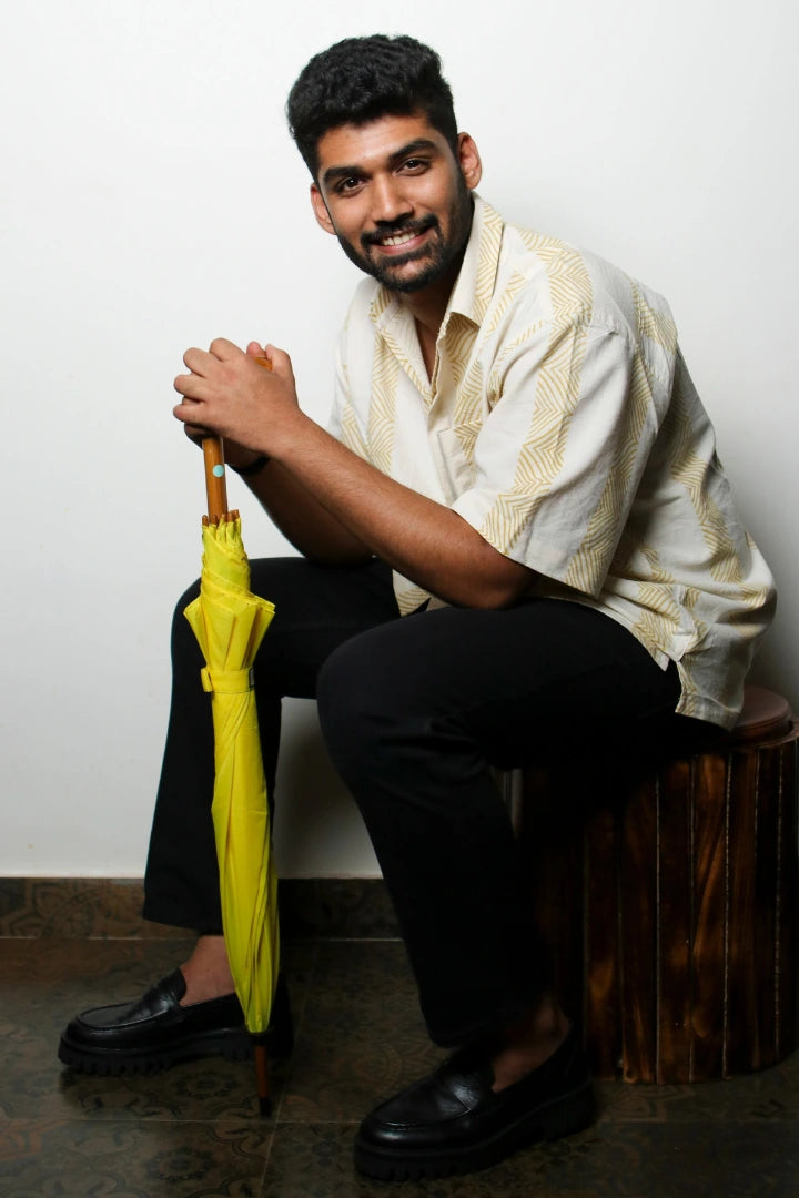 ilamra men's hand block printed naturally dyed organic cotton off-white and yellow shirt