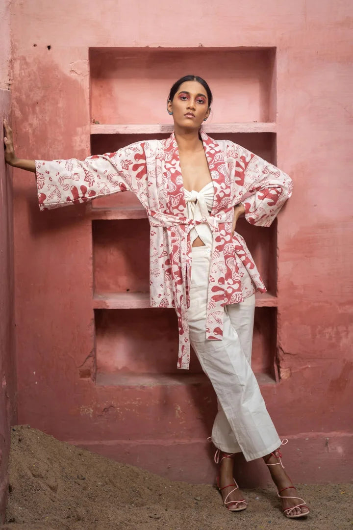 Ilamra hand block printed organic cotton naturally dyed white and red kimono