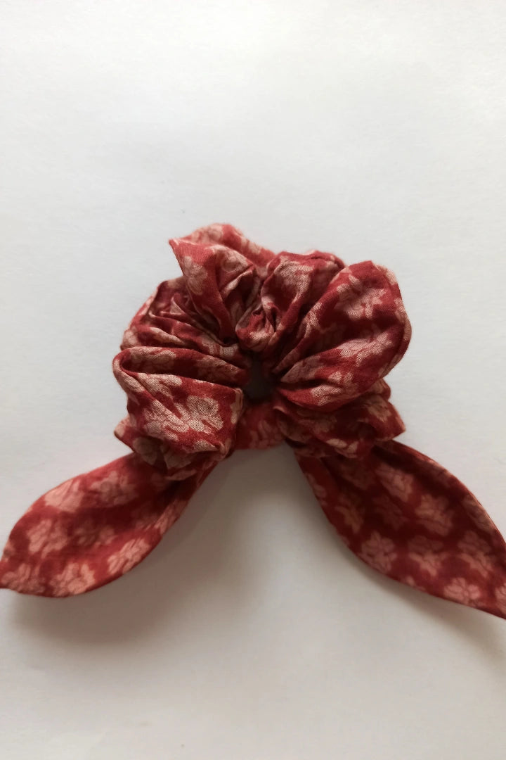 Ilamra hand block printed sustainably made naturally dyed Fresh green, Brown, Mustard Yellow and Madder Red Upcycled Cotton scrunchie bundle