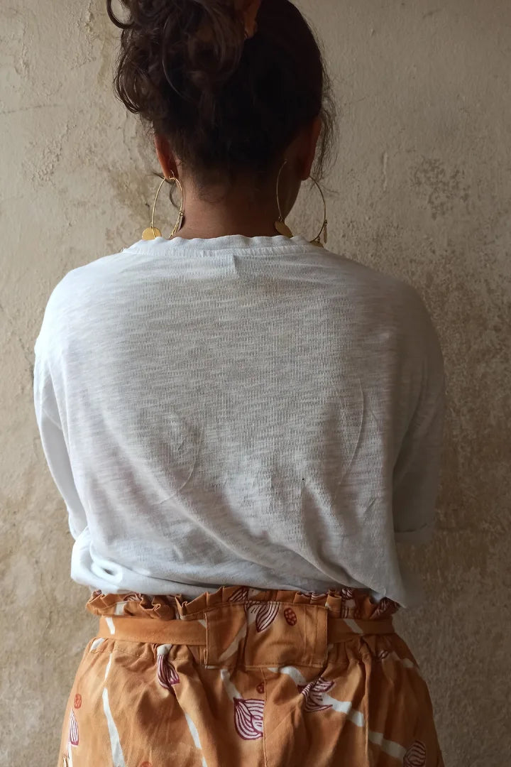ilamra hand block printed naturally dyed organic cotton Orange, Madder Red, and Off-White quirky and fun pants
