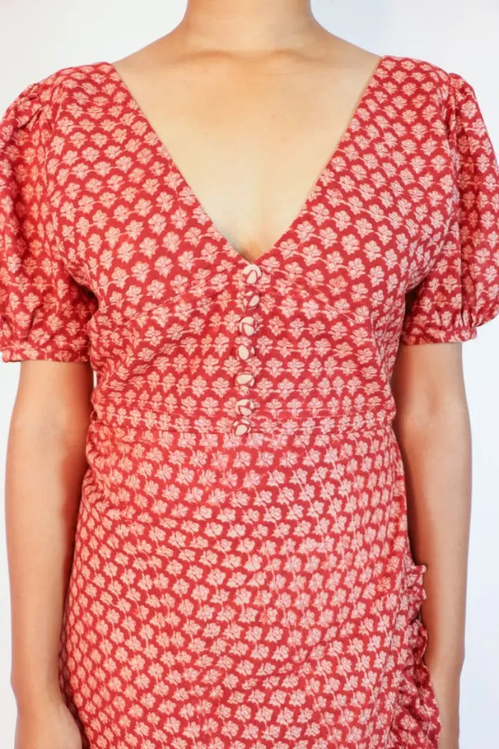 Ilamra sustainable clothing organic cotton madder red and beige hand block printed European, sexy and feminine dress