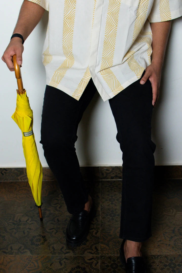 ilamra men's hand block printed naturally dyed organic cotton off-white and yellow shirt