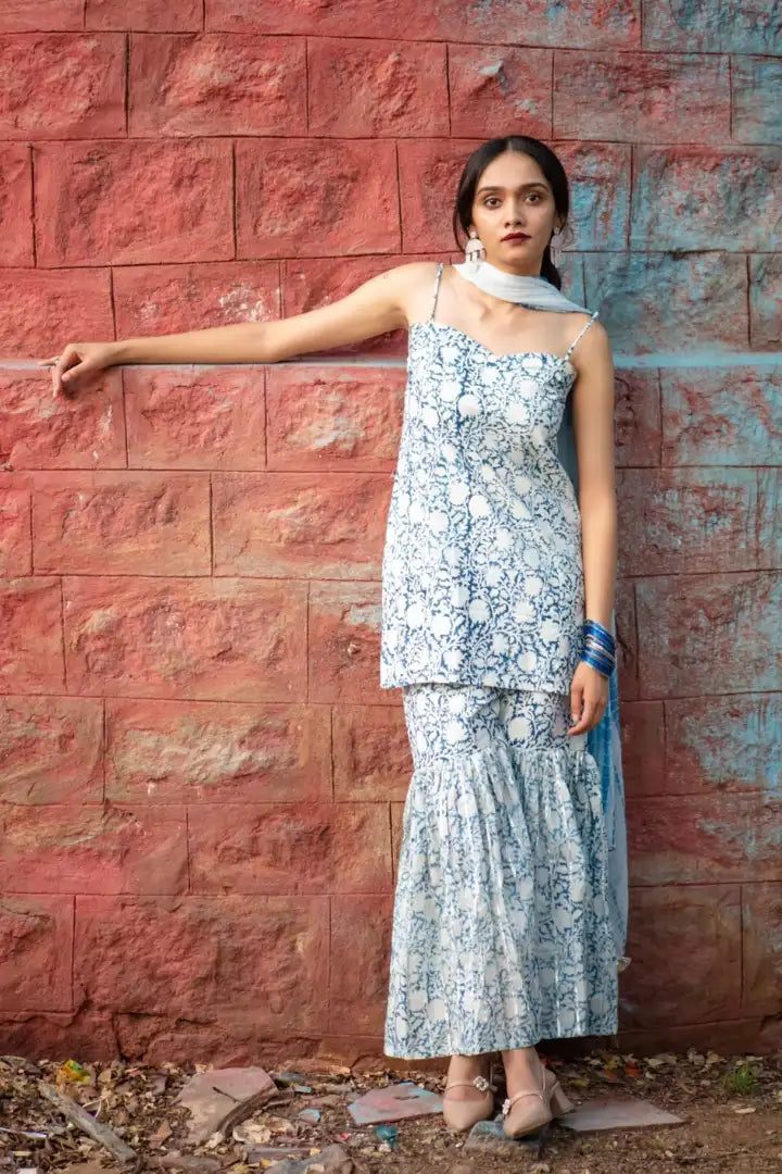 Ilamra sustainable clothing organic cotton Off-White, indigo and hints of silver hand block printed sharara