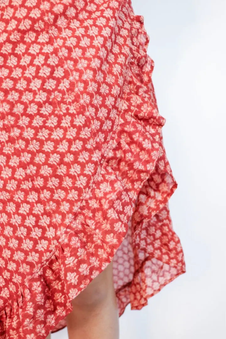 Ilamra sustainable clothing organic cotton madder red and beige hand block printed European, sexy and feminine dress