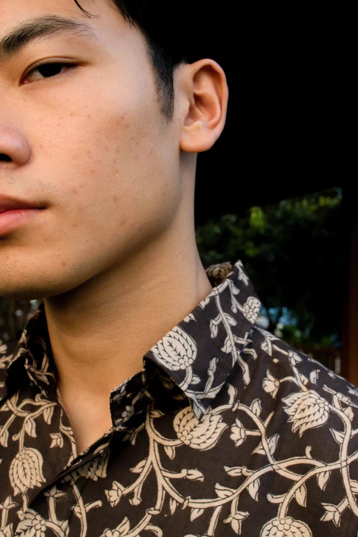 ilamra men's hand block printed naturally dyed organic cotton black and beige shirt