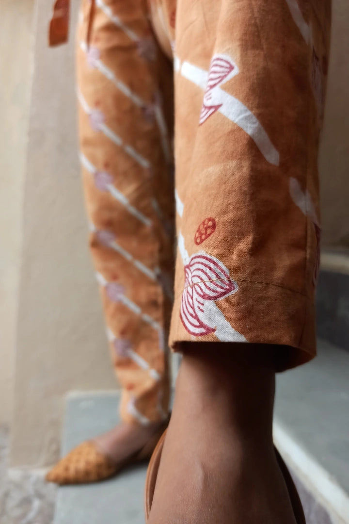 ilamra hand block printed naturally dyed organic cotton Orange, Madder Red, and Off-White quirky and fun pants