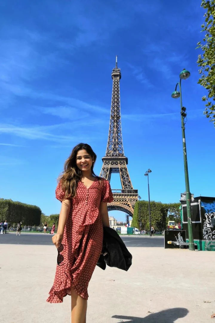 Ilamra sustainable clothing organic cotton madder red and beige hand block printed European, sexy and feminine dress