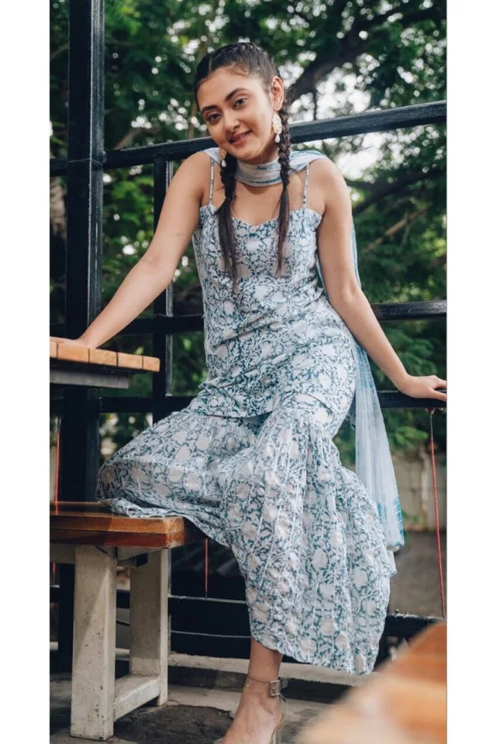 Ilamra sustainable clothing organic cotton Off-White, indigo and hints of silver hand block printed sharara