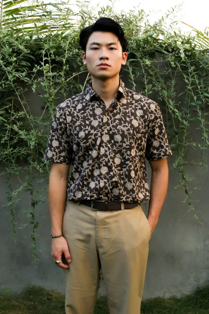 ilamra men's hand block printed naturally dyed organic cotton black and beige shirt