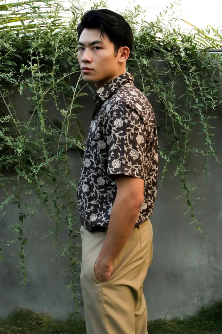 ilamra men's hand block printed naturally dyed organic cotton black and beige shirt