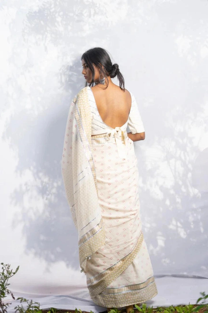 Ilamra kalamkari craft hand block printed organic cotton Pebble white base with an olive green border and silver detailing saree