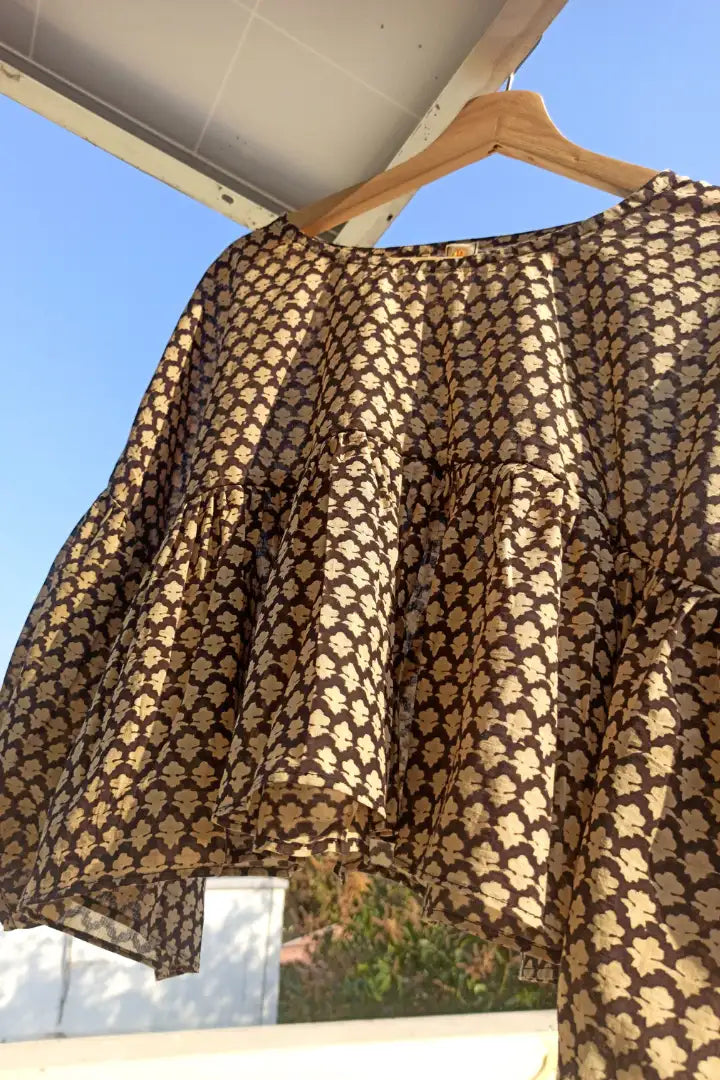 Ilamra sustainable clothing organic cotton black and beige hand block printed tent top