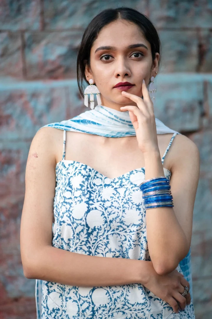 Ilamra sustainable clothing organic cotton Off-White, indigo and hints of silver hand block printed sharara