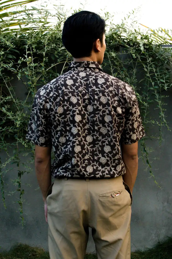 ilamra men's hand block printed naturally dyed organic cotton black and beige shirt