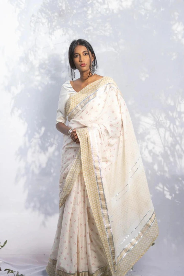 Ilamra kalamkari craft hand block printed organic cotton Pebble white base with an olive green border and silver detailing saree