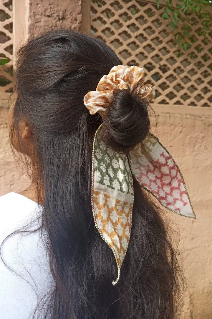 Ilamra hand block printed sustainably made naturally dyed Orange, blush pink, dirty green and light green Upcycled Cotton Mul scrunchie