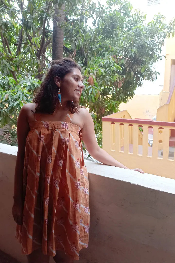 ilamra hand block printed naturally dyed organic cotton Orange, Madder Red, and Off-White quirky and fun dress