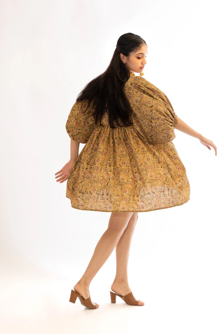 Ilamra hand block printed organic cotton naturally dyed Mustard yellow with hints of madder red and dirty green knee-length dress