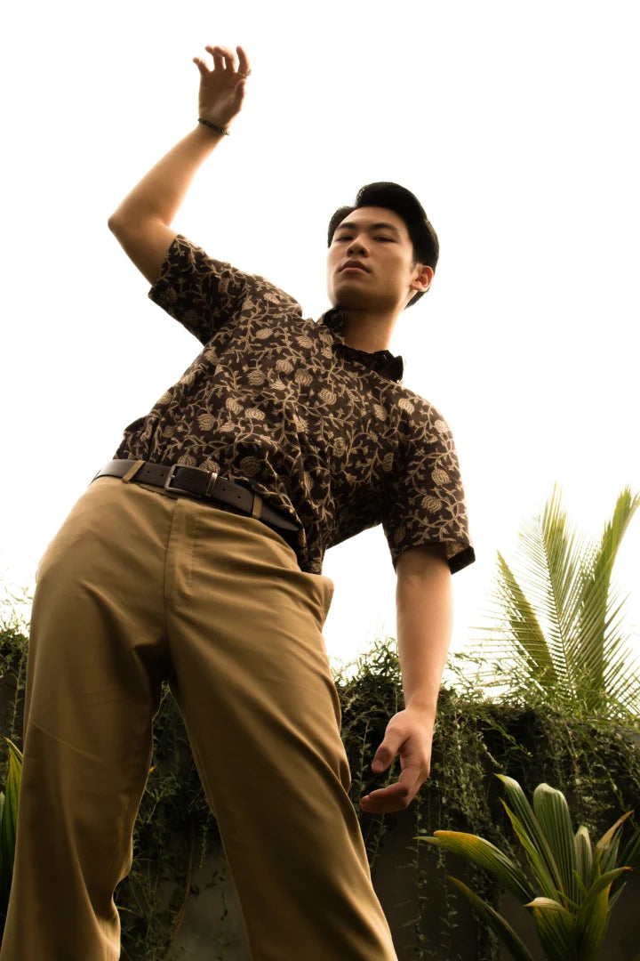 ilamra men's hand block printed naturally dyed organic cotton black and beige shirt