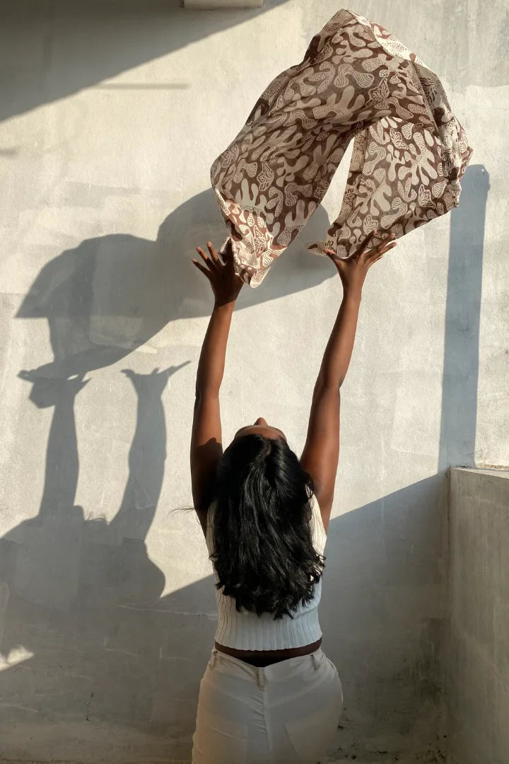 Ilamra hand block printed Kalamkari art organic cotton naturally dyed in Off white and brown, cool, upcycled cotton scarf