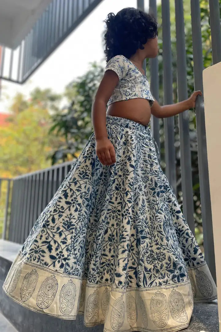 Ilamra kalamkari sustainable clothing organic cotton off-white and indigo hand block printed blouse and lehenga set