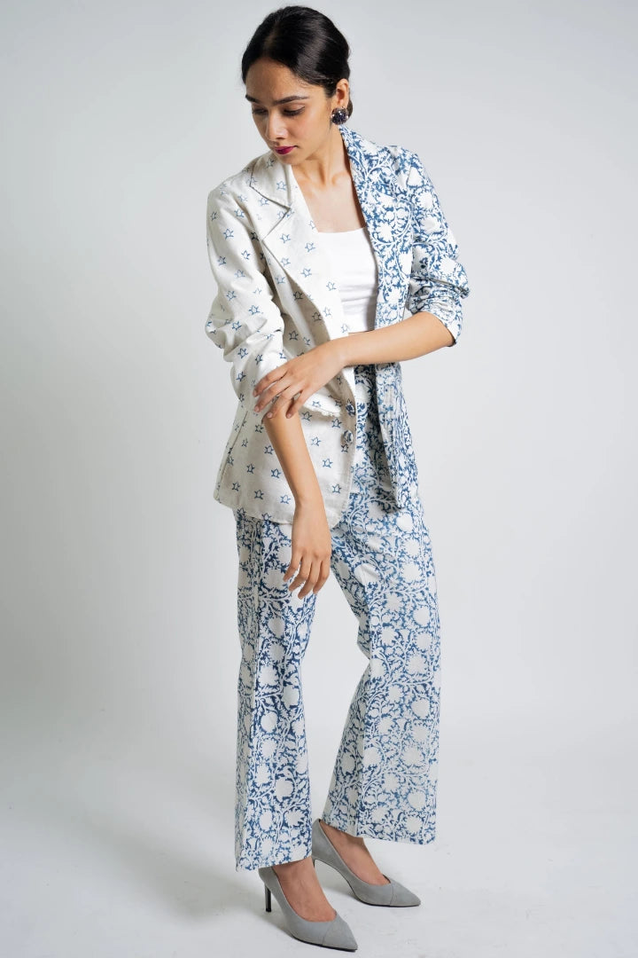 Ilamra hand block printed organic cotton naturally dyed indigo and off-white powerful blazer