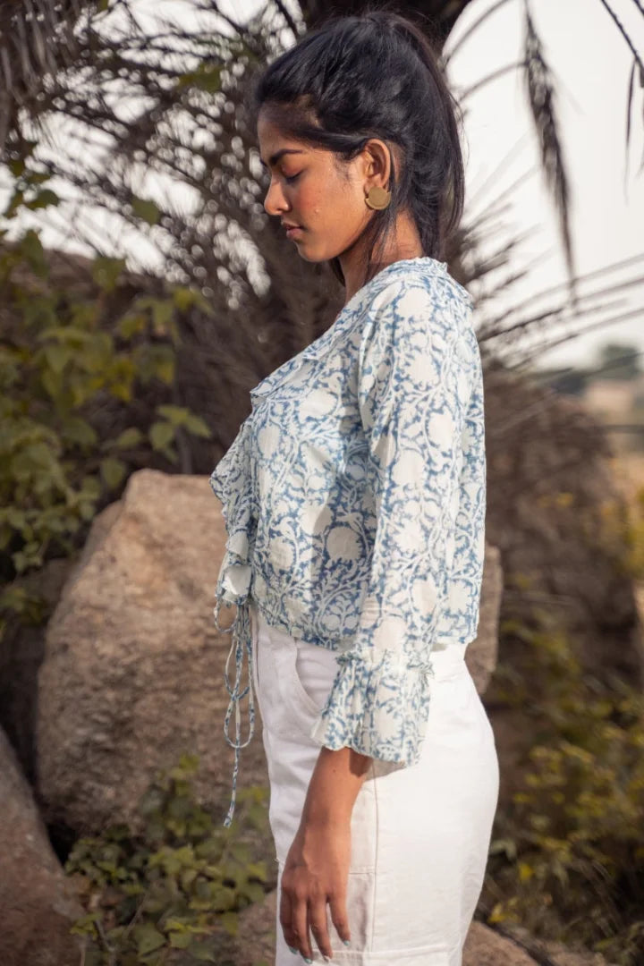Ilamra sustainable clothing organic cotton Off-White and Indigo hand block printed sexy ruffle top