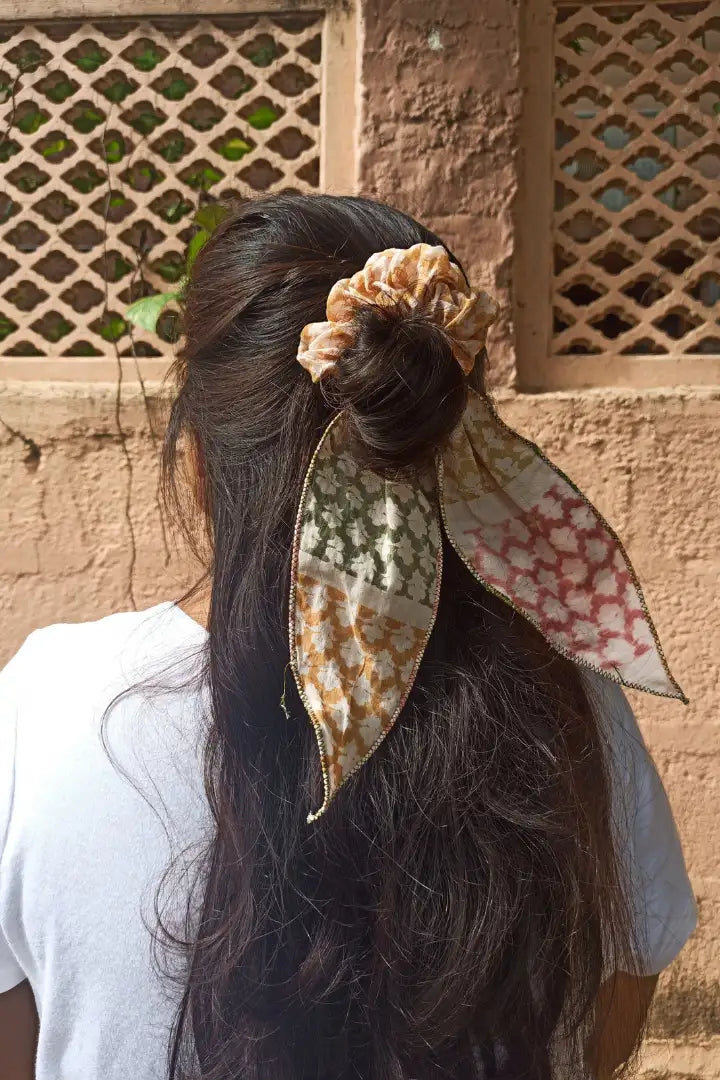 Ilamra hand block printed sustainably made naturally dyed Orange, blush pink, dirty green and light green Upcycled Cotton Mul scrunchie