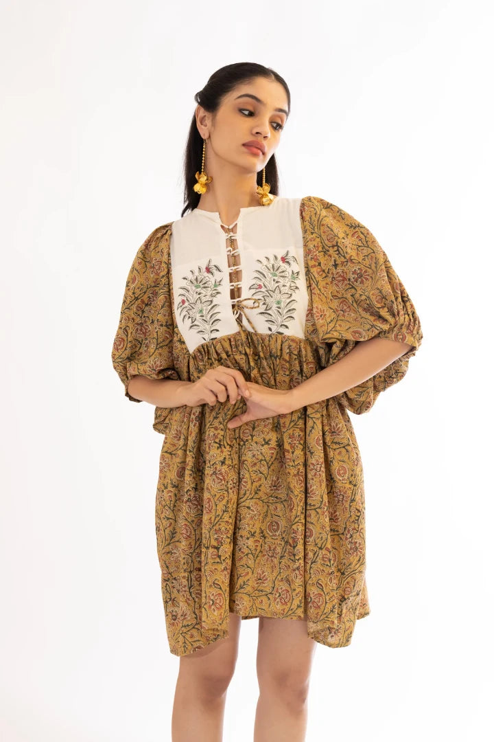 Ilamra hand block printed organic cotton naturally dyed Mustard yellow with hints of madder red and dirty green knee-length dress