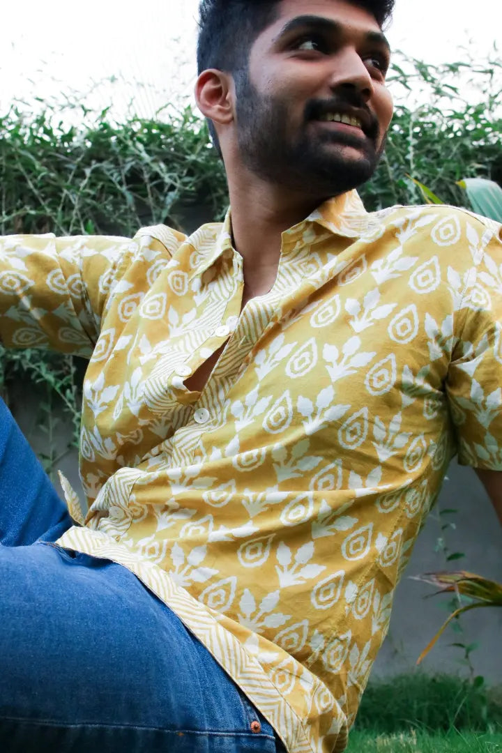 ilamra men's hand block printed naturally dyed organic cotton off-white and yellow shirt