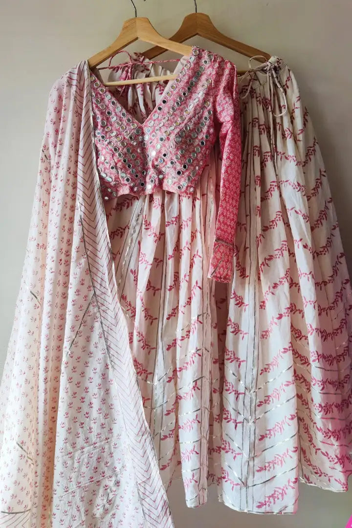 Ilamra sustainable clothing organic cotton Off-White and Pink hand block printed blouse, dupatta and lehenga set