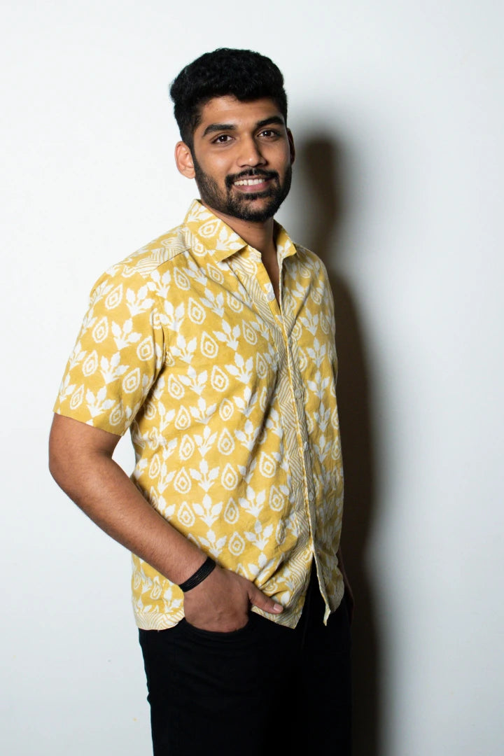 ilamra men's hand block printed naturally dyed organic cotton off-white and yellow shirt