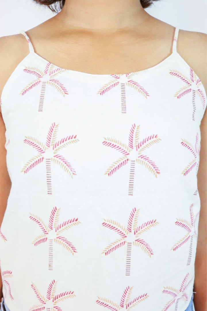 ilamra hand block printed naturally dyed organic cotton Off-white, madder red, orange and brown crop top
