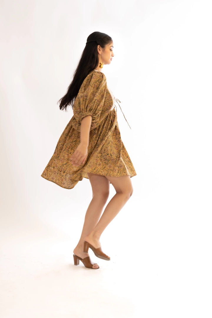 Ilamra hand block printed organic cotton naturally dyed Mustard yellow with hints of madder red and dirty green knee-length dress