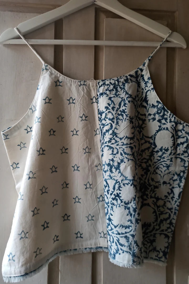 Ilamra sustainable clothing organic cotton Indigo and Off-white hand block printed half and half elegant and sexy crop top
