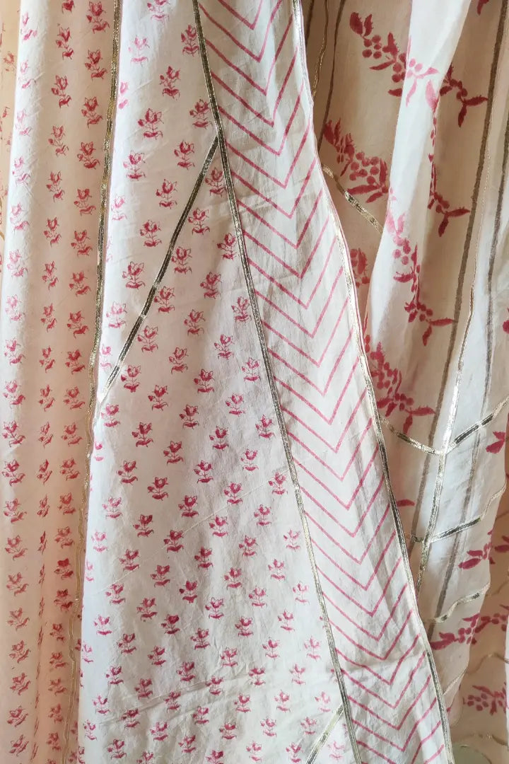 Ilamra sustainable clothing organic cotton Off-White and Pink hand block printed blouse, dupatta and lehenga set