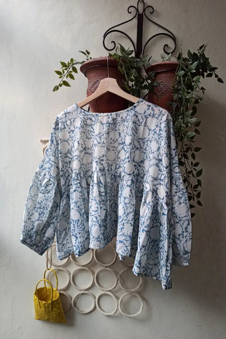 Ilamra sustainable clothing organic cotton indigo and white hand block printed tent top