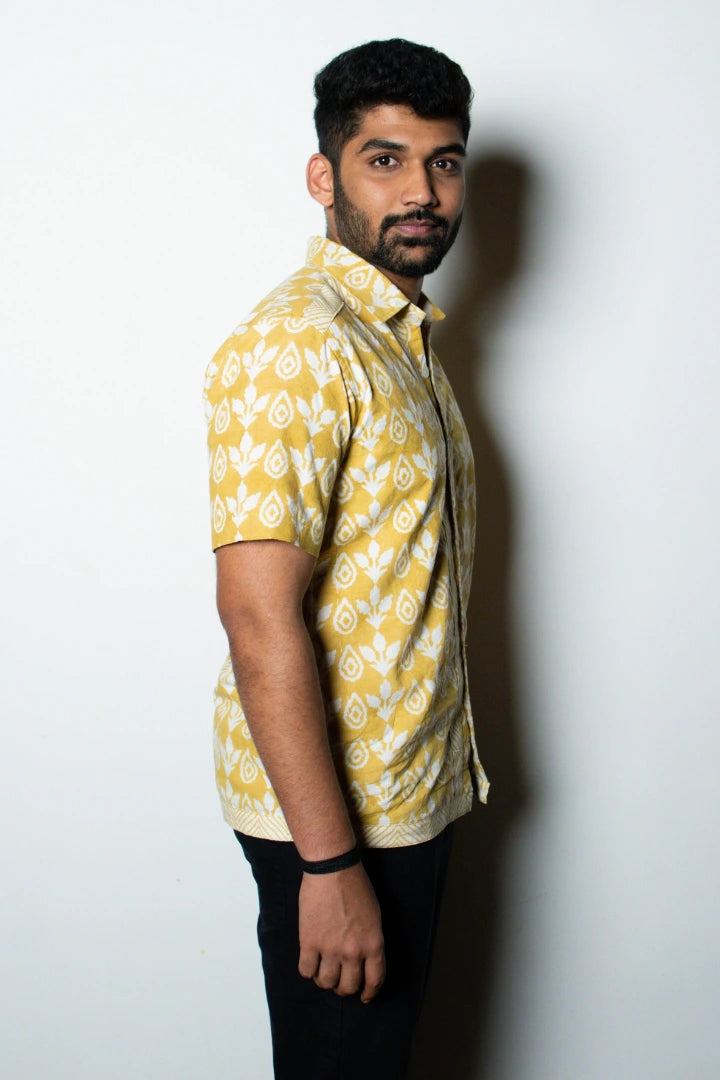 ilamra men's hand block printed naturally dyed organic cotton off-white and yellow shirt
