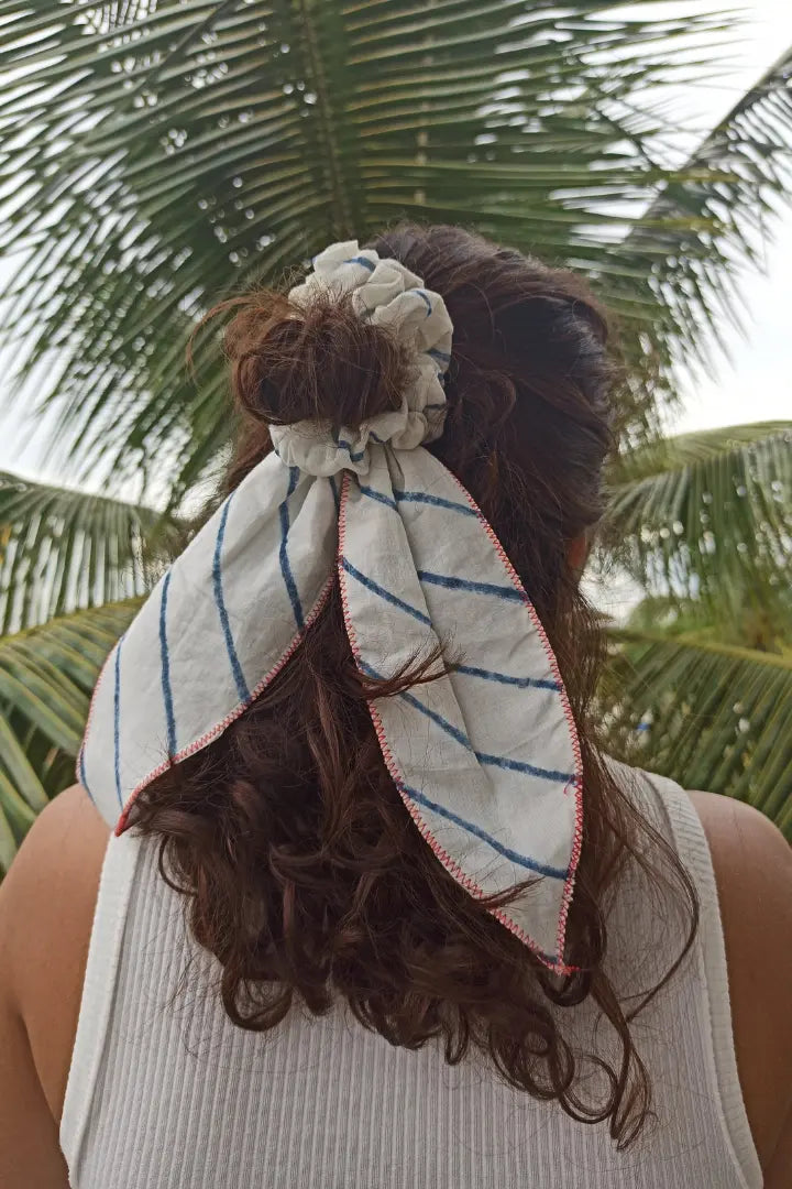 Ilamra hand block printed sustainably made naturally dyed Indigo and off-white Upcycled organic Cotton Mul scrunchie