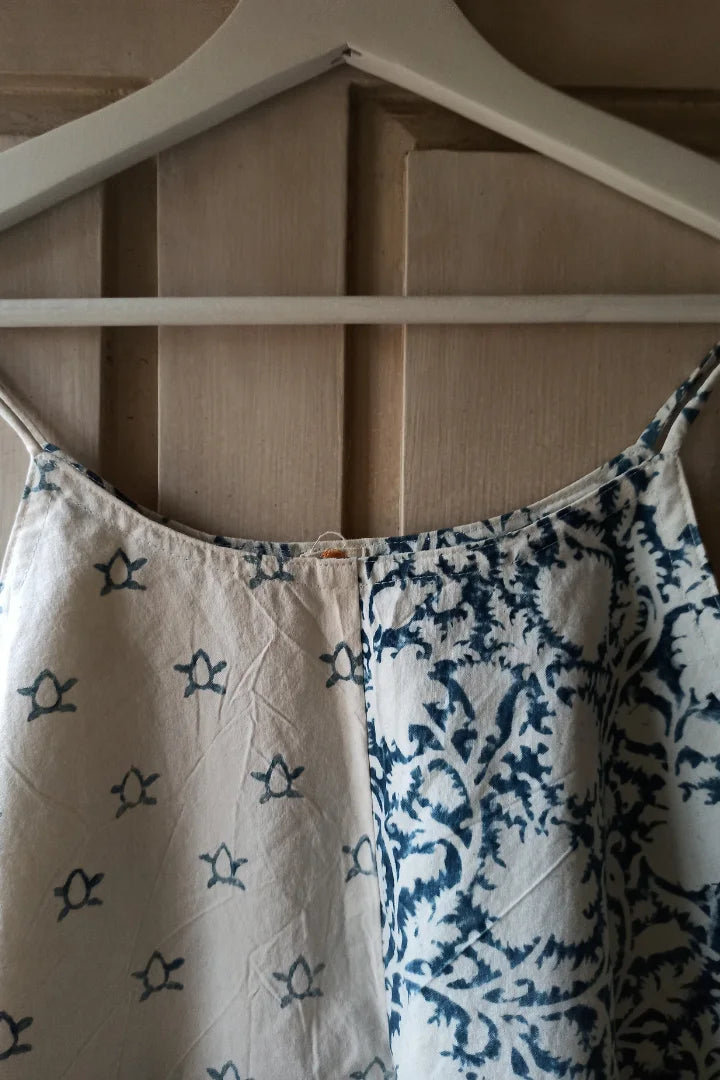 Ilamra sustainable clothing organic cotton Indigo and Off-white hand block printed half and half elegant and sexy crop top