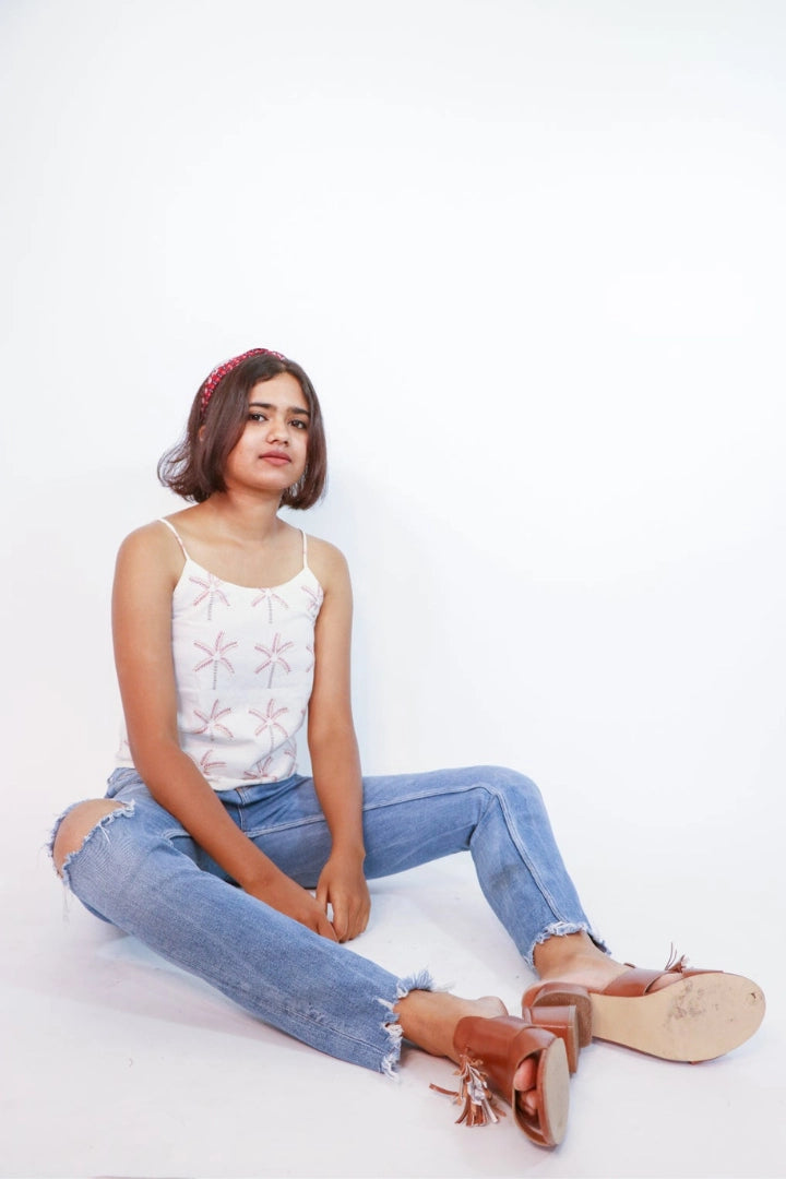 ilamra hand block printed naturally dyed organic cotton Off-white, madder red, orange and brown crop top