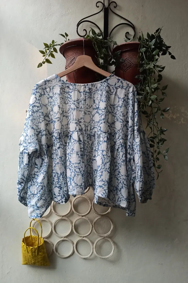 Ilamra sustainable clothing organic cotton indigo and white hand block printed tent top