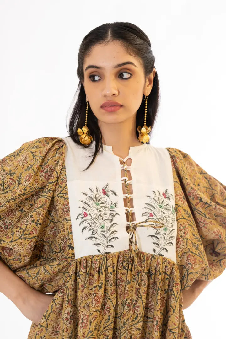 Ilamra hand block printed organic cotton naturally dyed Mustard yellow with hints of madder red and dirty green knee-length dress