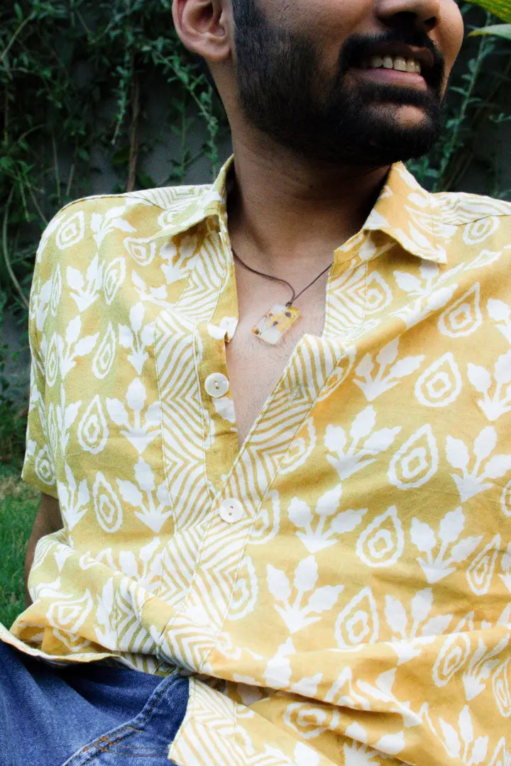 ilamra men's hand block printed naturally dyed organic cotton off-white and yellow shirt
