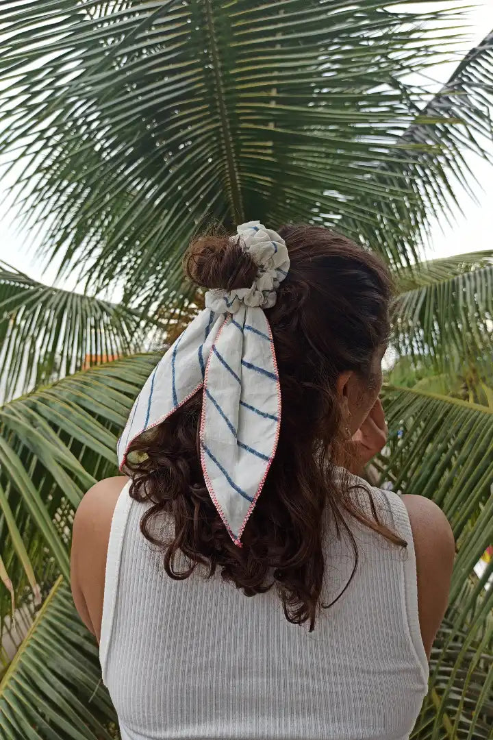 Ilamra hand block printed sustainably made naturally dyed Indigo and off-white Upcycled organic Cotton Mul scrunchie
